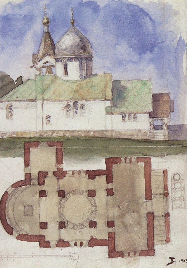 Sketch and floor plan of Holy Trinity Church in Biokhovo village - Vasily Polenov, 1903